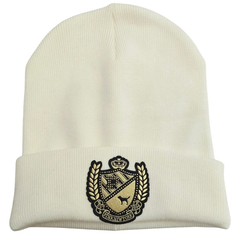 Victoria Secret Pink Cream Gold Black Pink Logo Women's Beanie OS